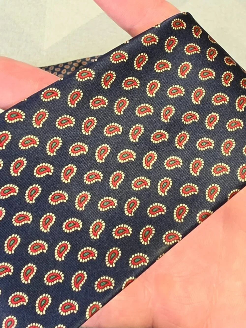 Handmade Mens Paisley Print Tie Navy Red Gold Silk Classic Formal Accessory